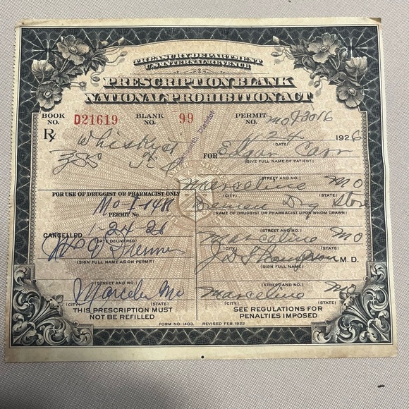 COPY - 1925 Prohibition Liquor Prescription Official Medicinal Whiskey License … - Picture 1 of 5